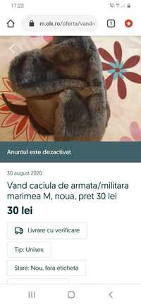 Vand căciulă de armata noua marimea M pret 25 lei