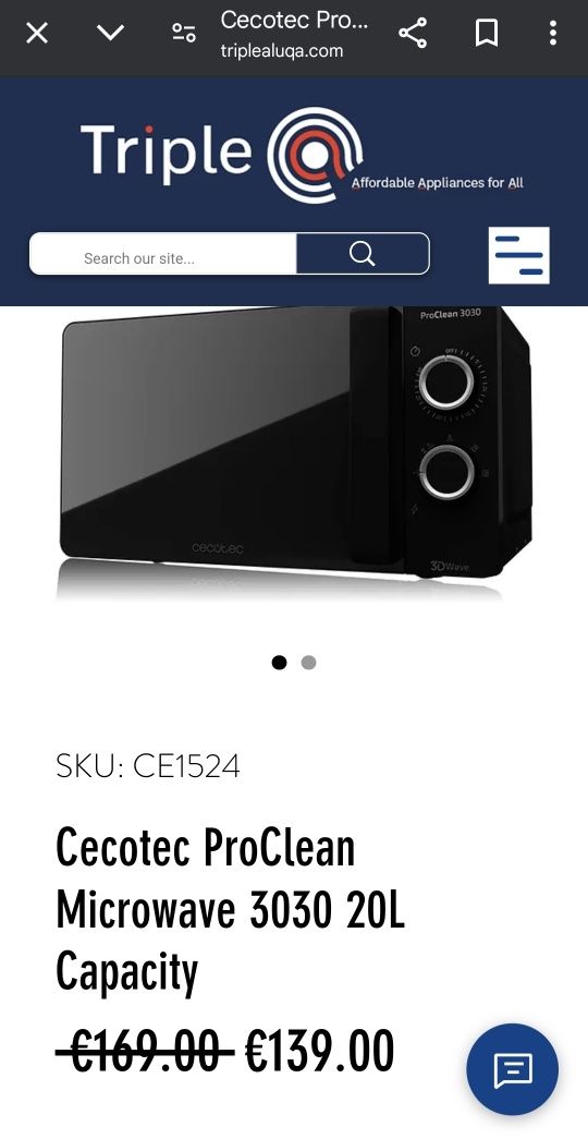 Микровълнова печка Cecotec ProClean 3030,700 W, 20л,6нива,таймер,грил.