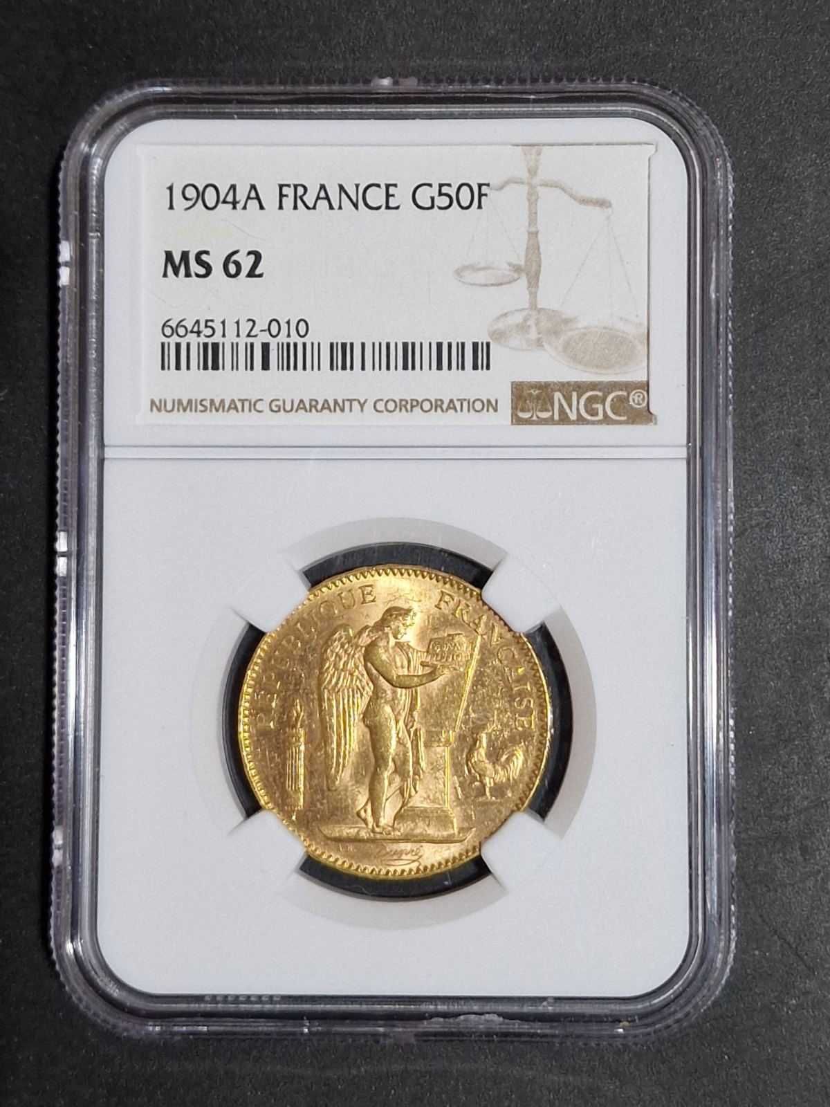Златна Монета 50 Френски Франка Гениус 1904 A - MS62 , 16,129 гр.