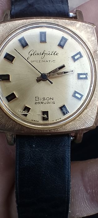 Последна цена 14Кt  позлатен мъжки часовник BISON glashgutte 26rubis