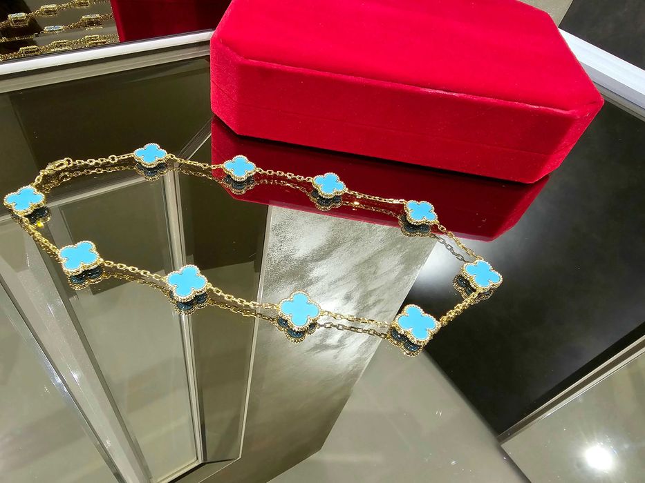 Van Cleef & Arpels VCA Gold Turquoise 10 Motifs Alhambra Дамско Колие