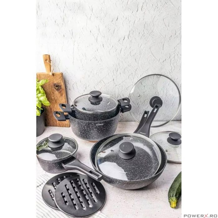 Set 12 piese, oala cu capac 4.4l, 2.4l, 1.2l, tigaie 28cm, 24cm,