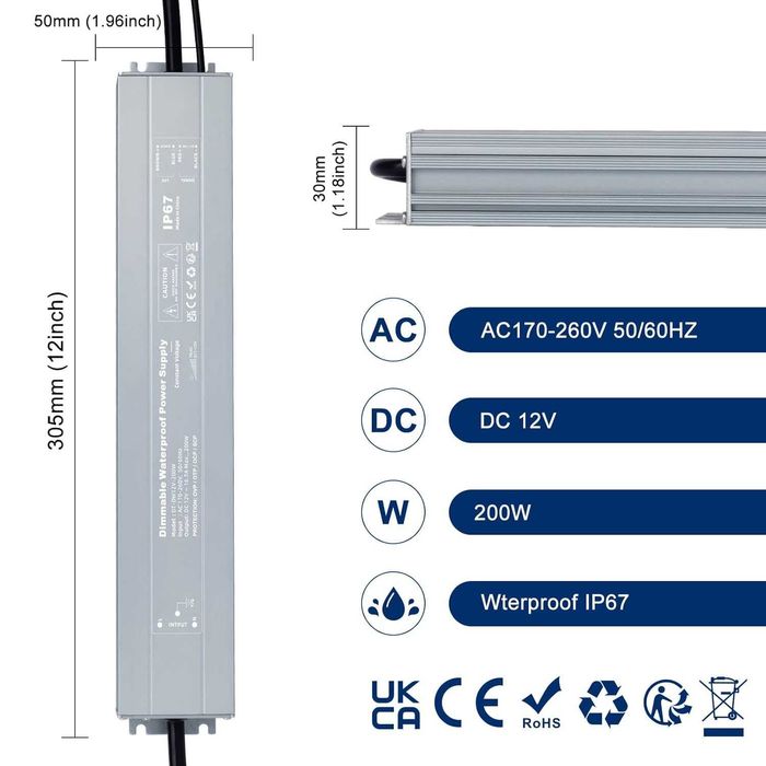 Driver LED 12V 200W Dimmabil IP67 Transformator Exterior