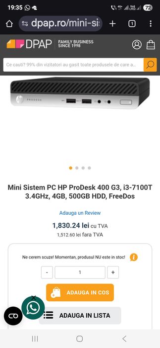 PC HP ProDesk 400 G3, i3-7100T 3.4GHz, 4GB, 500GB HDD, Fre mini sistem
