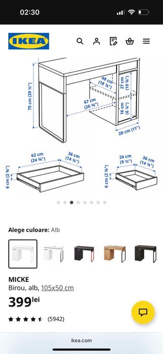 Birou copii Ikea Micke si scaun rotativ ajustabil inaltime