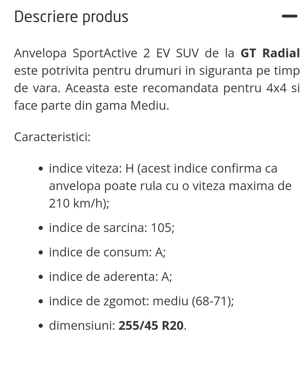 Vând 4 buc 255 45 20 GT radial SportActive 2 EV SUV.
Clasa de eficient