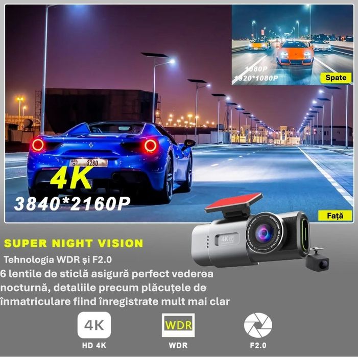 Camera de bord auto față/spate Dashcam Ultra 4K Wifi GPS