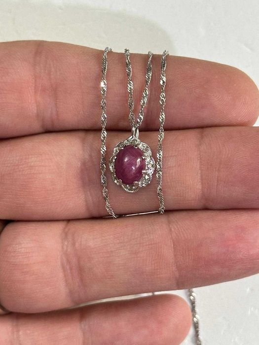 LANT + PANDANTIV AUR alb 18K + 8 Diamante + 1 Rubin Caboson - Vintage