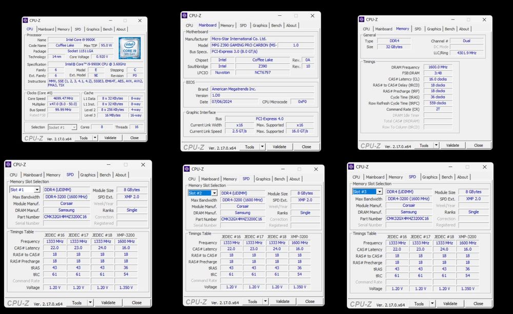 Дъно MSI Z390 с процесор i9 9900k, рам Corsair 32GB и ССД 2x512GB Sams