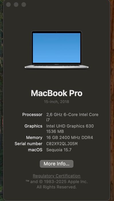 MacBook Pro 15” 2018, i7 6 core, 512GB SSD, Radeon 560X 4 GB, 16 GB DD