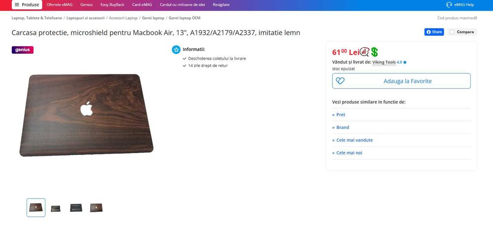 Carcasa protectie Macbook Air, 13", A1932/A2179/A2337, imitatie lemn