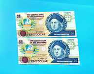 2 bancnote-Consecutive 1 Dollar 1992  Christopher Columb -Bahamas-RARE