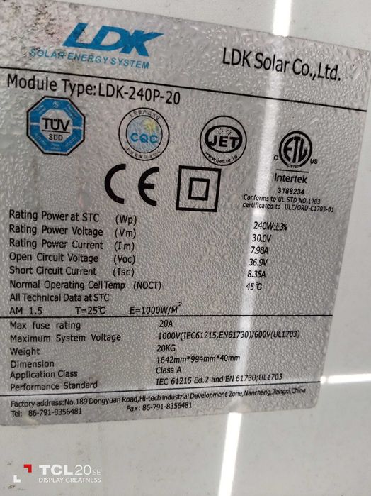 Панели фотоволтаични 240W / 270W употребявани 36V