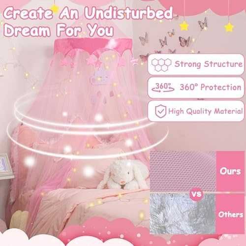 Нов Принцески балдахин с LED звезди – розов, за детска стая, момиче