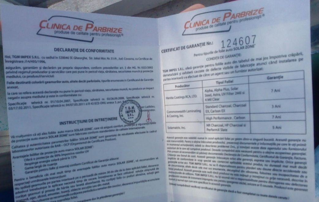 Autorizații folie auto/certificate omologarie folie