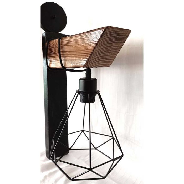 Aplica de perete din lemn de pin si metal, handmade, rustic–industrial
