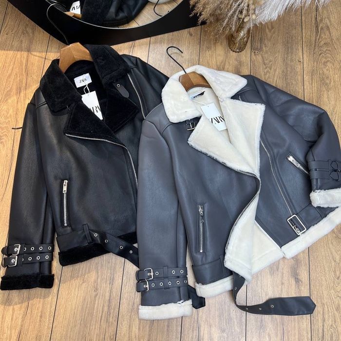 Серая дублёнка Zara из эко-кожи с белым мехом