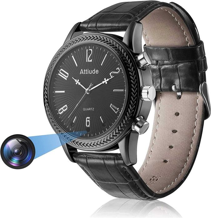 Шпионски часовник - камера Menborn с черна кожена каишка