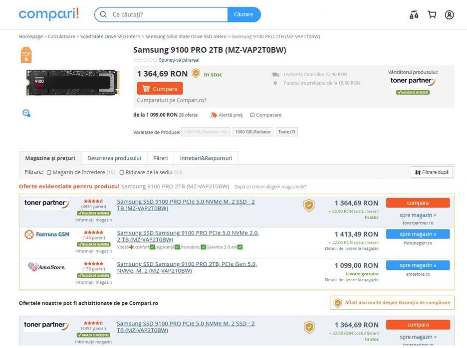 SSD Samsung 9100 PRO de  2TB PCI Express 5.0 , nou