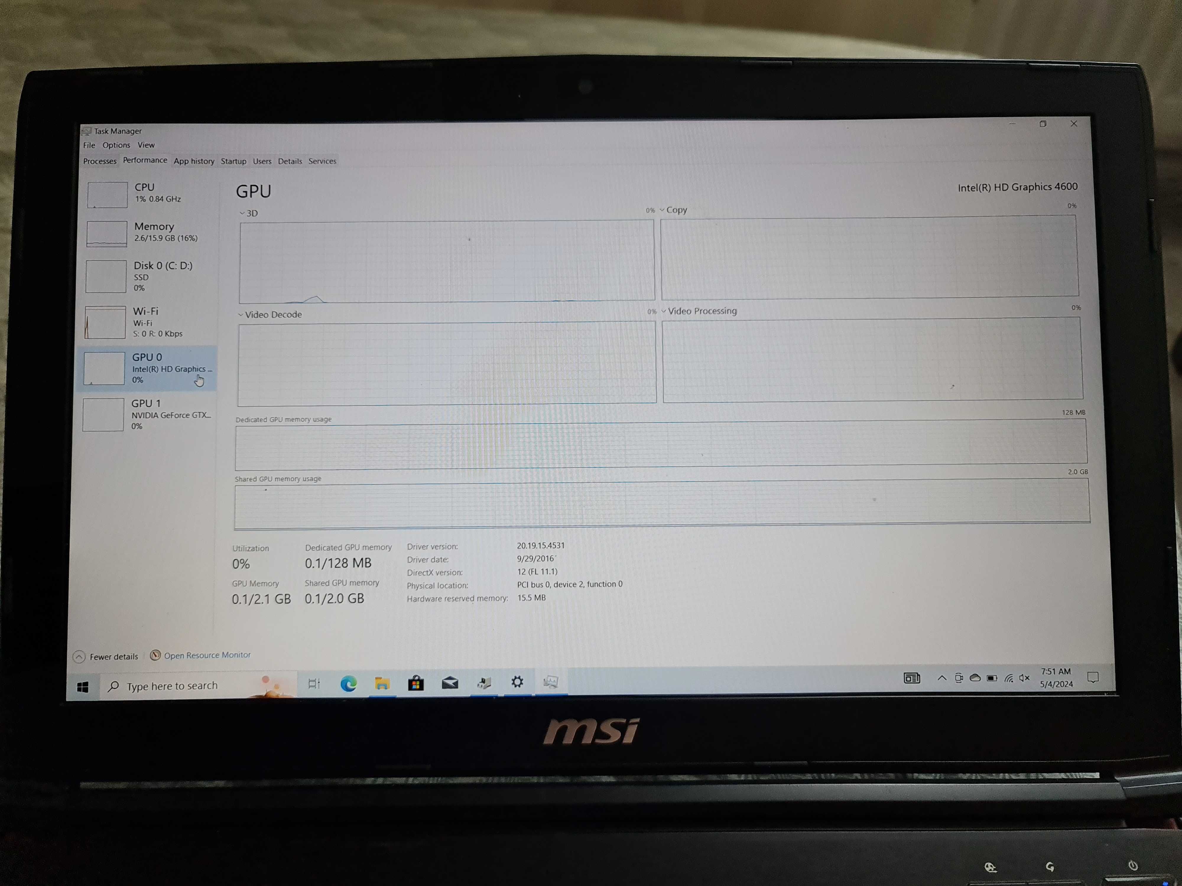 Laptop MSI Leopard Pro Intel I7, 16GB RAM, NVIDIA GTX950, INTEL 4600