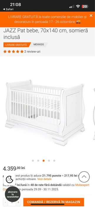 Pătuț bebe Mobexpert Jazz + saltea cocos Mobexpert, 70x140 cm