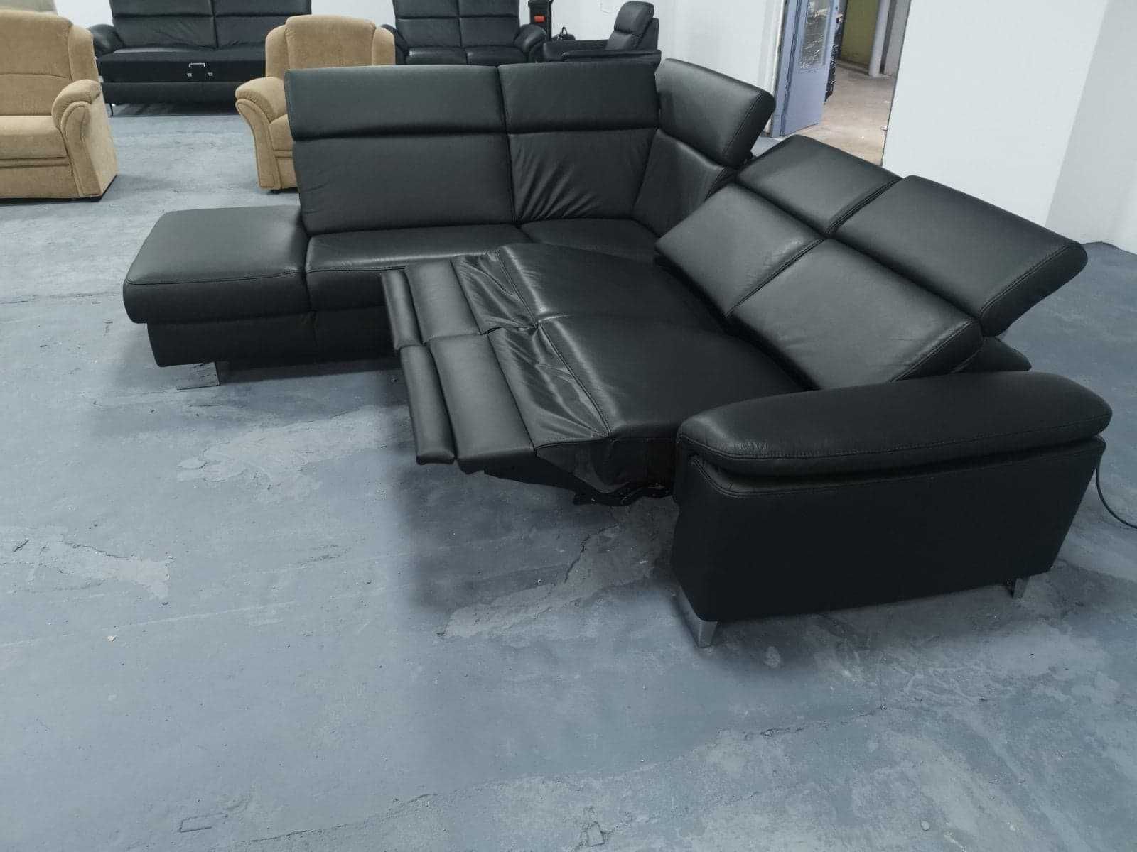Черен кожен ъглов диван "Boreas" с релаксиращ механизъм