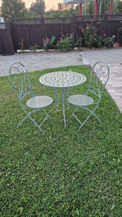 set masa si scaune de gradina, 2 scaune si o masa, fier forjat, verde