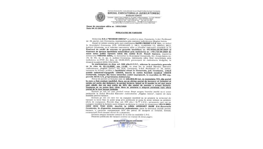 Teren intravilan CERNAVODA - LICITATIE