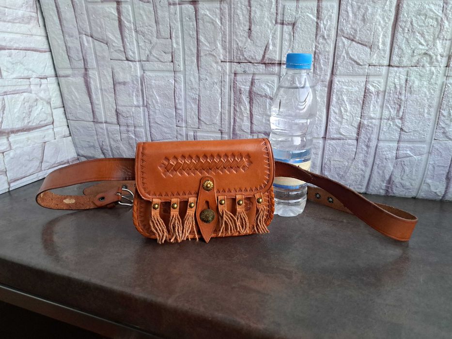 дамска чанта за кръста,малка кафява кожена чантичка-естествена кожа