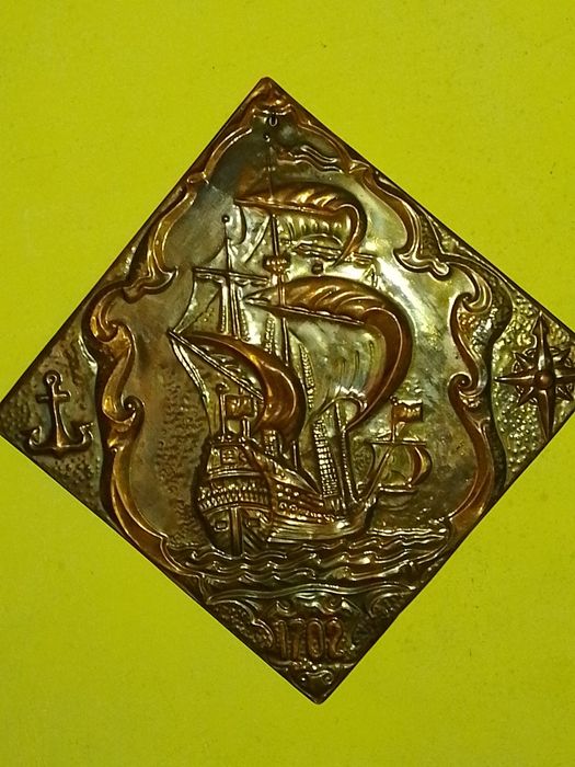 Стара Медна Декоративна Картина  , Медно Пано, Кораб - 1702г.