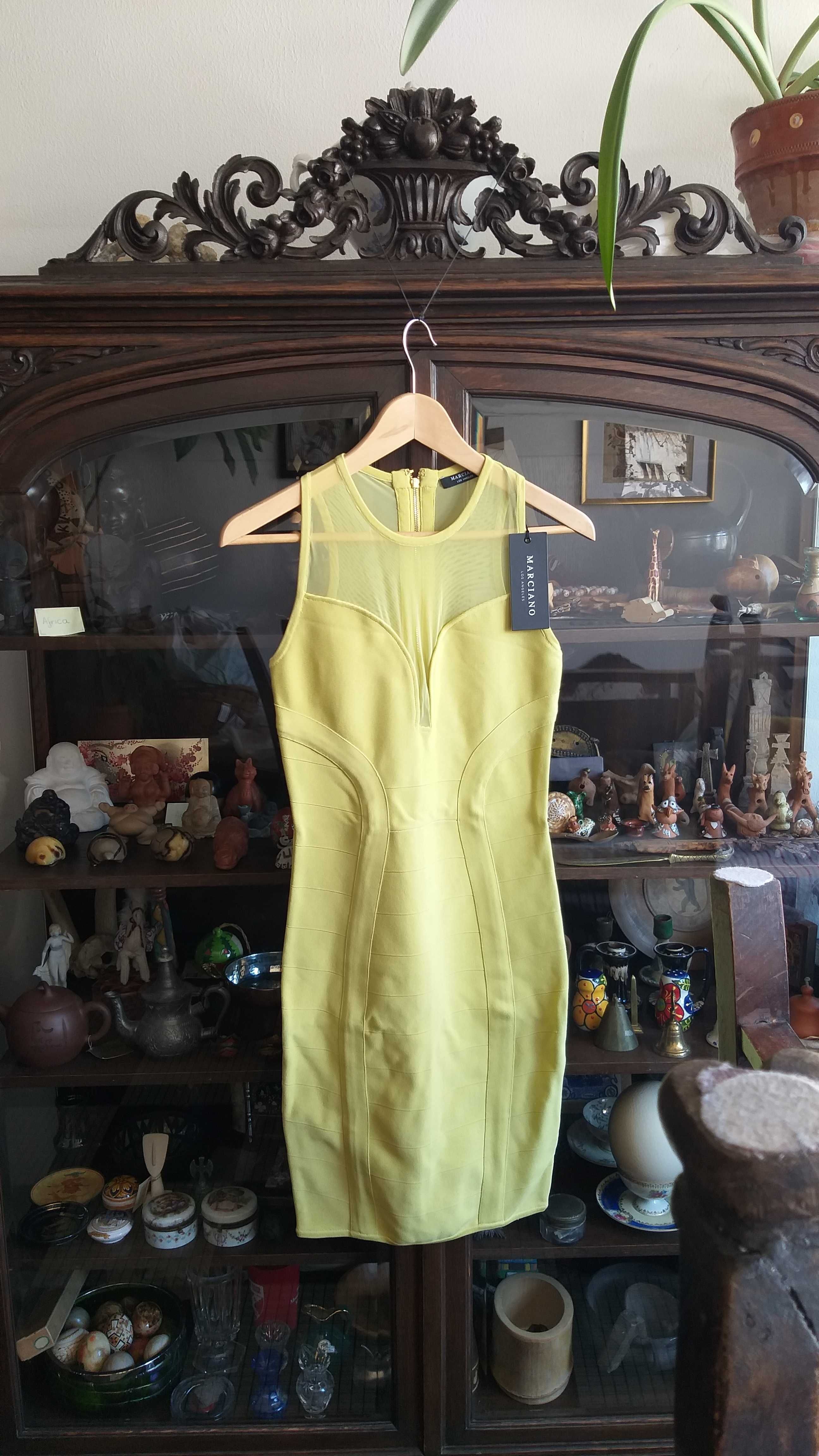 Rochie elegantă Marciano, culoare lamaie, tip mulată, nouă, mărimea M.