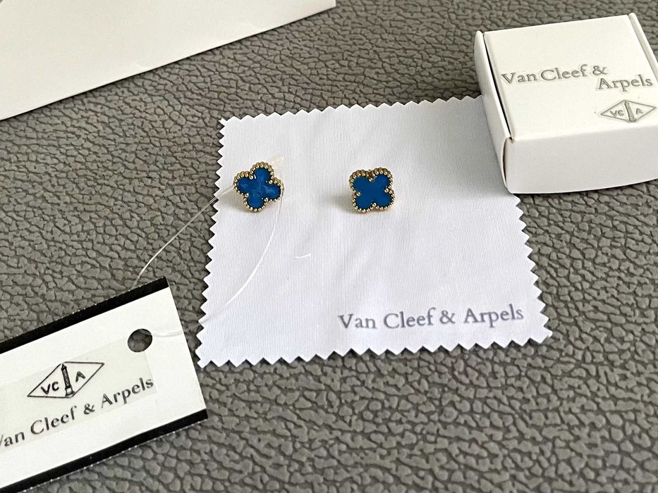 обеци детелина сини ван клиф златни van cleef с кутия бижу