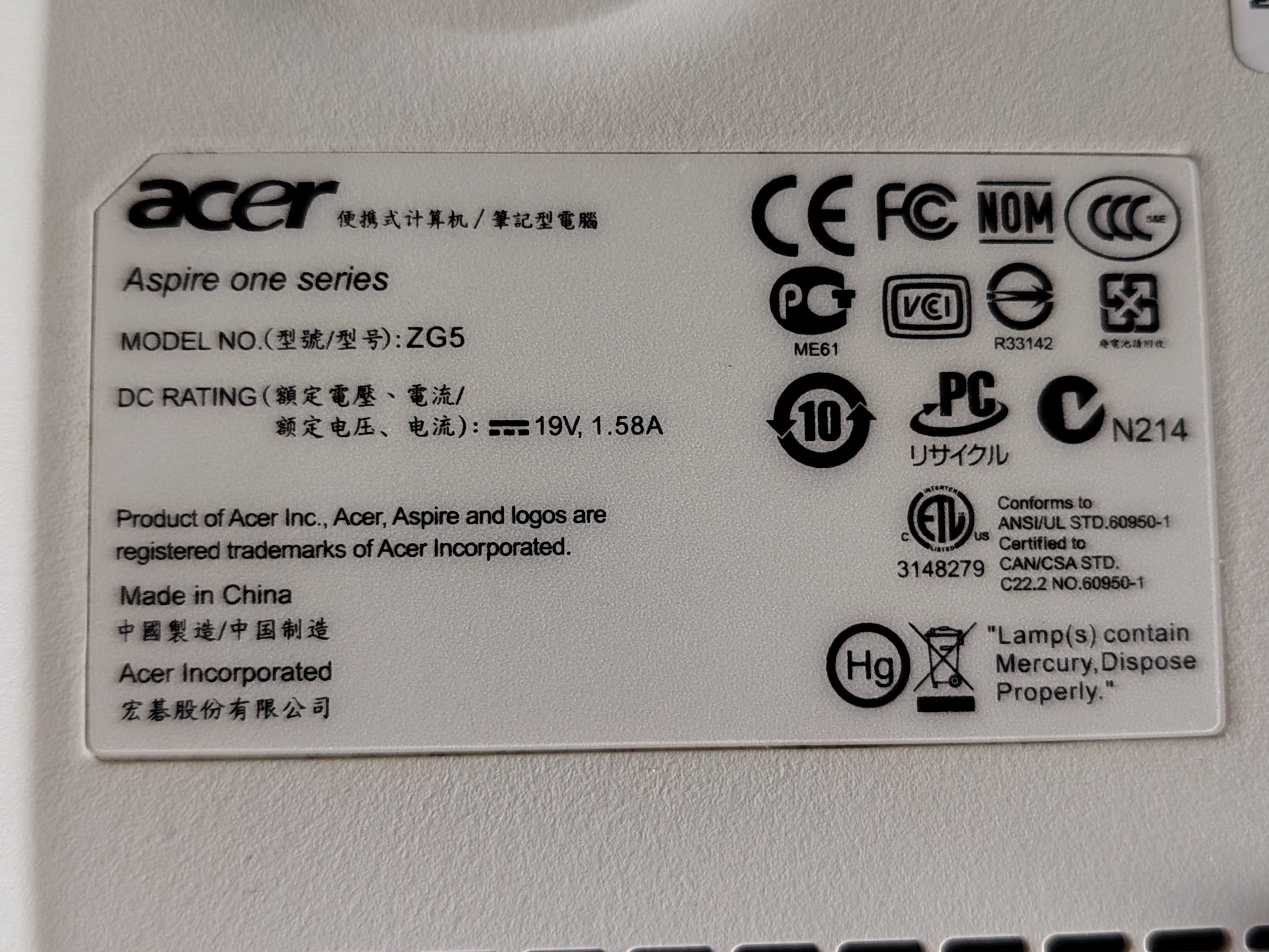Laptop Acer aspire one series, diagonala 9 inch