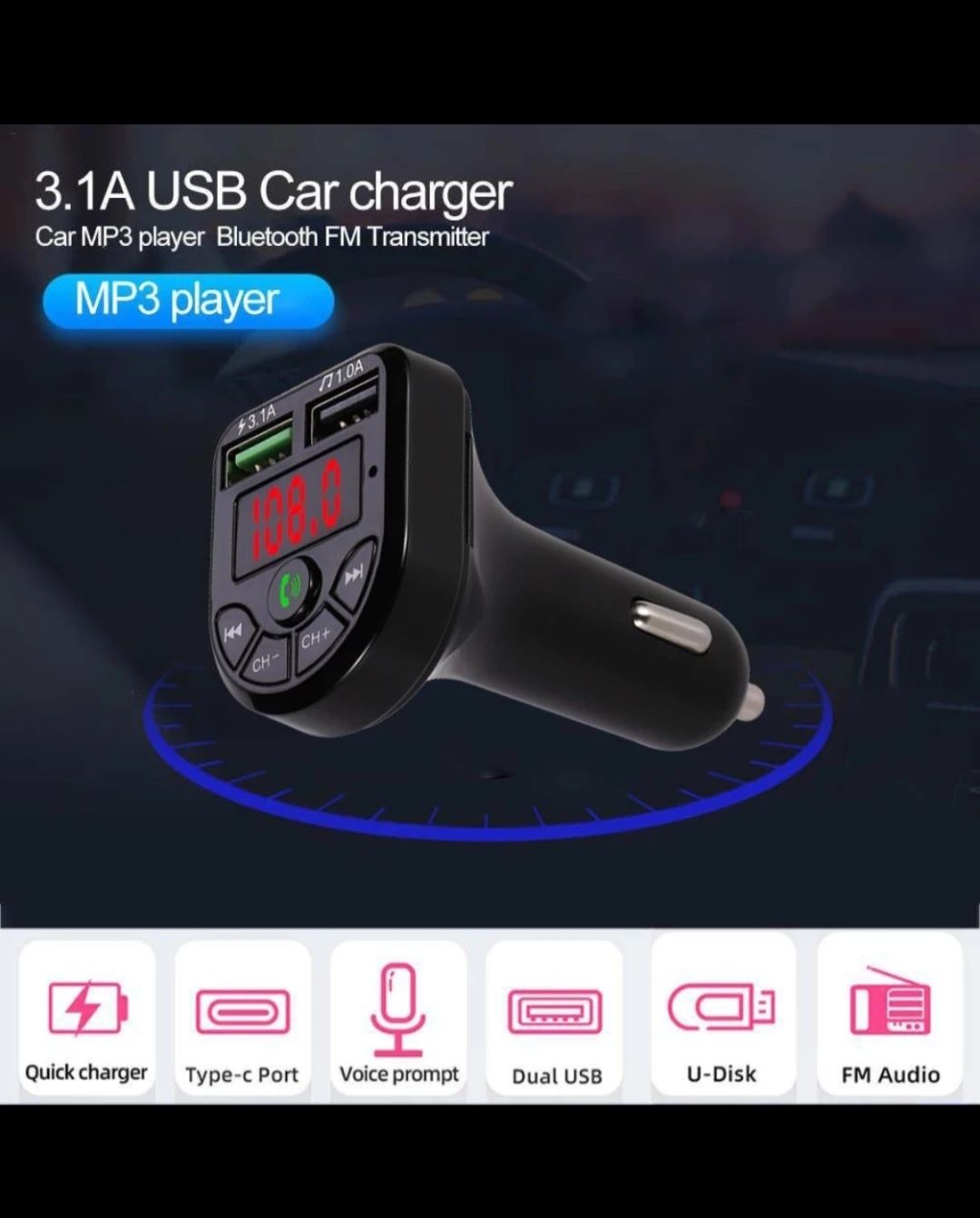 Modulator Fm auto cu Bluetooth Încărcare rapida 3.1 Slot MicroSd Stick