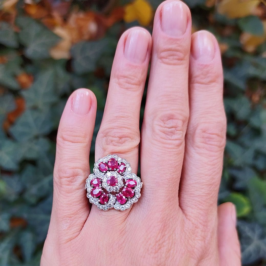 inel de cocktail, aur 18k, rubine, diamante