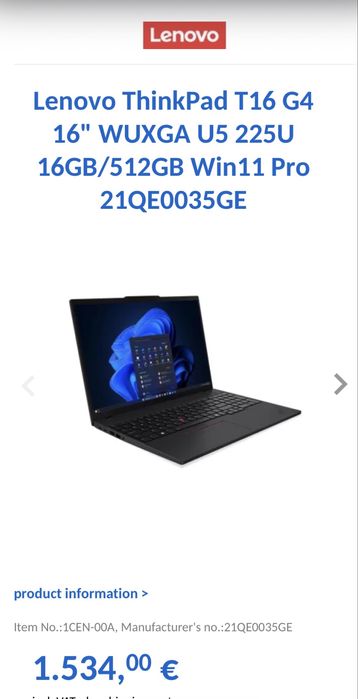 Laptop ThinkPad T16 G4 16" WUXGA Ultra 5 16GB/512GB Win11 Pro, sigilat
