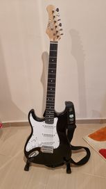 Електрическа китара за левичари със стойка, колан и перца