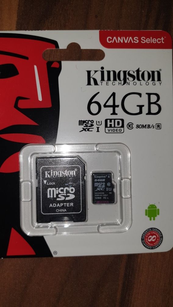 Card de memorie microSD + adaptor original Kingston 64GB clasa 10