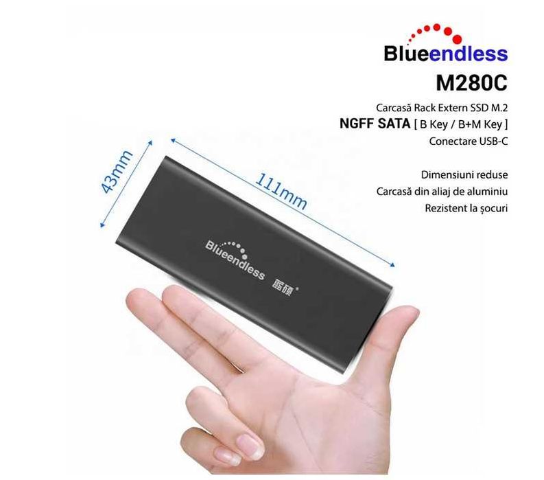 Rack extern / carcasa SSD M.2 NGFF (de tip SATA) la USB 3.0 + USB-C