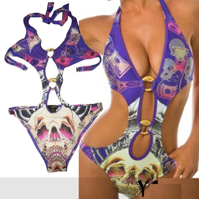 Costum de baie intreg monokini alb/mov cu imprimeu model geometric