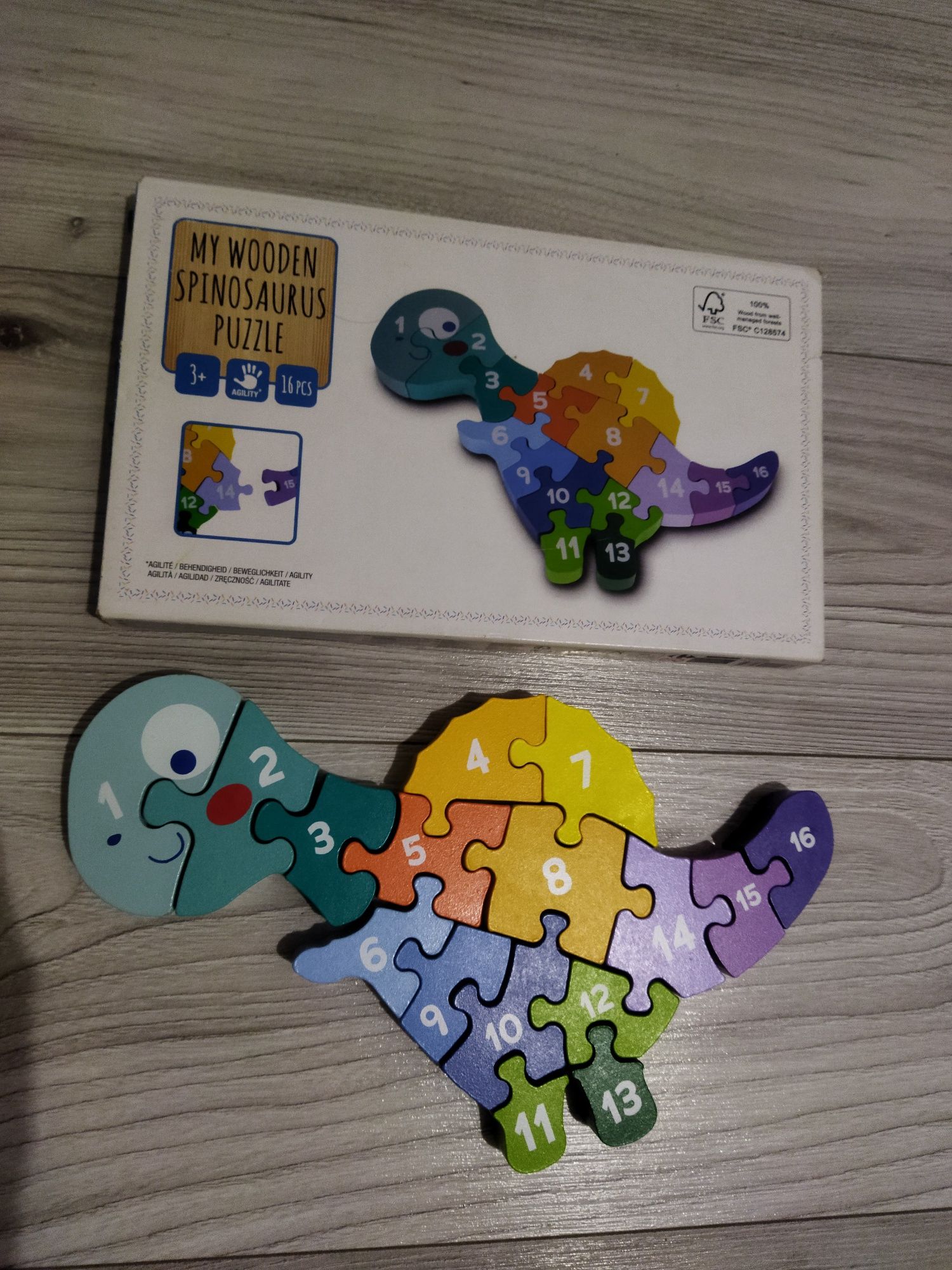 Puzzle dinozaur din lemn Montessori învățare culori și cifre vârstă 3+