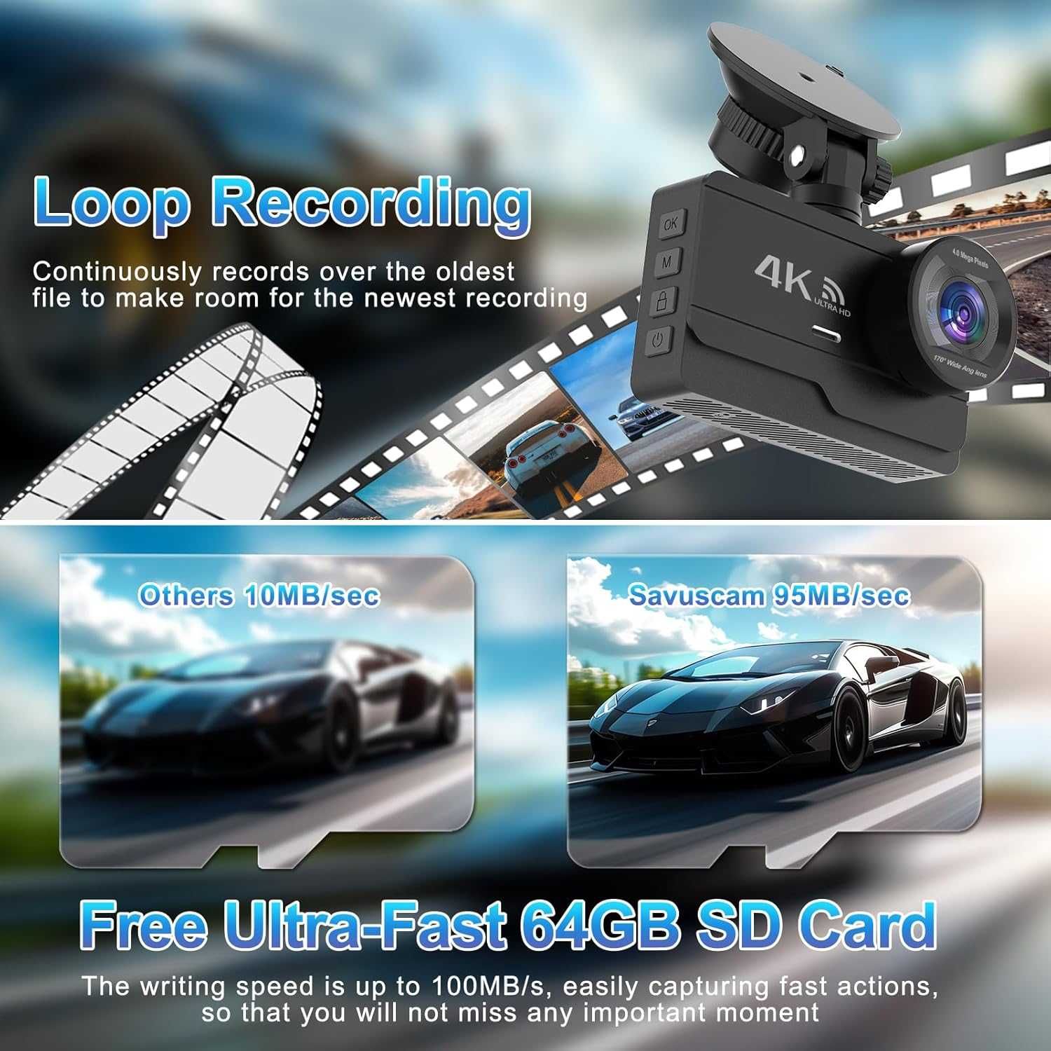 DYNACAM 4K/2K+1080P Dash Cam отпред и отзад, 64GB карта, 170°,G-сензор