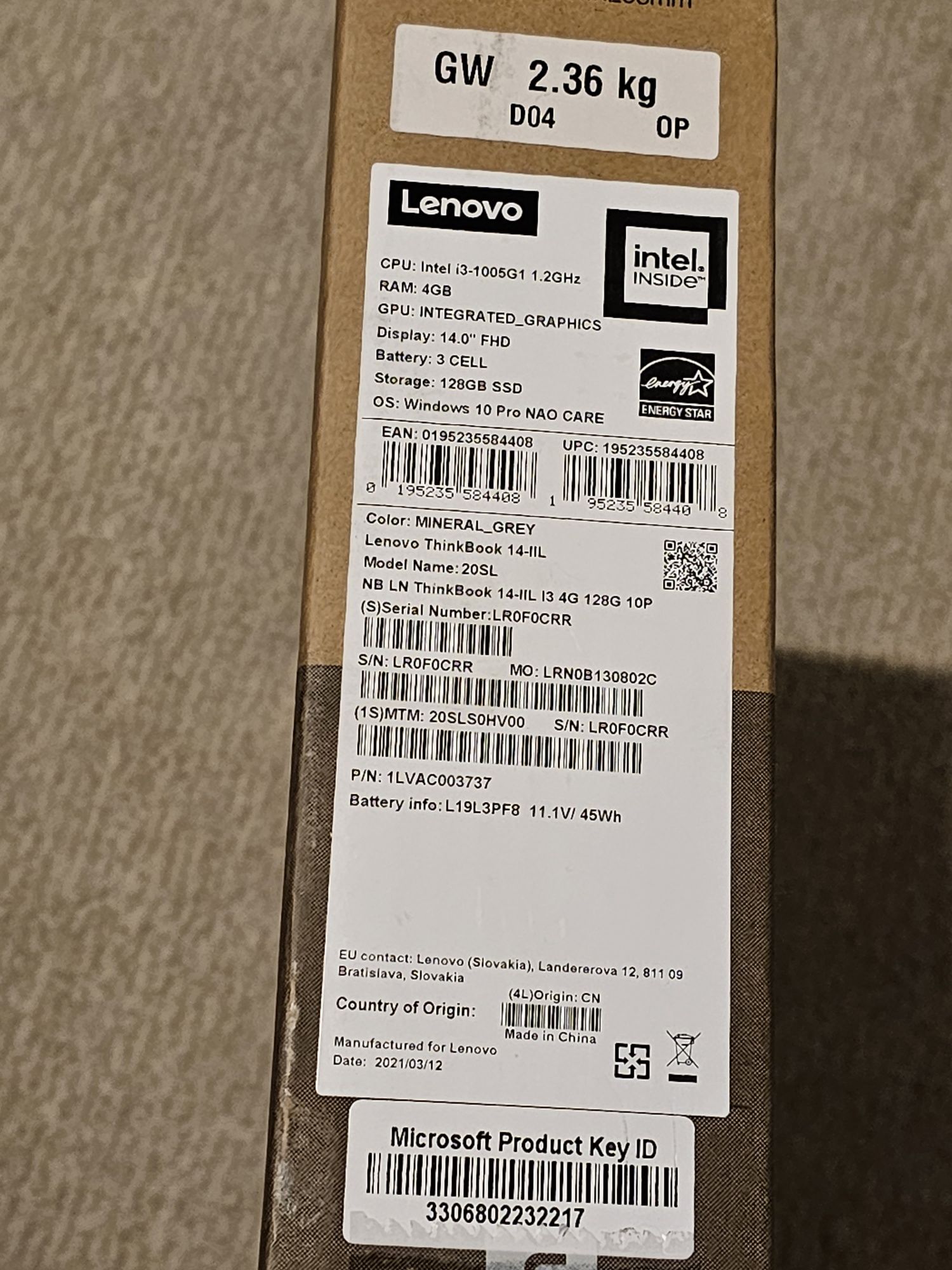 Lenovo ThinkBook 14-IIL i3-1005G1/4GB/128GB SSD Mineral Grey Nou