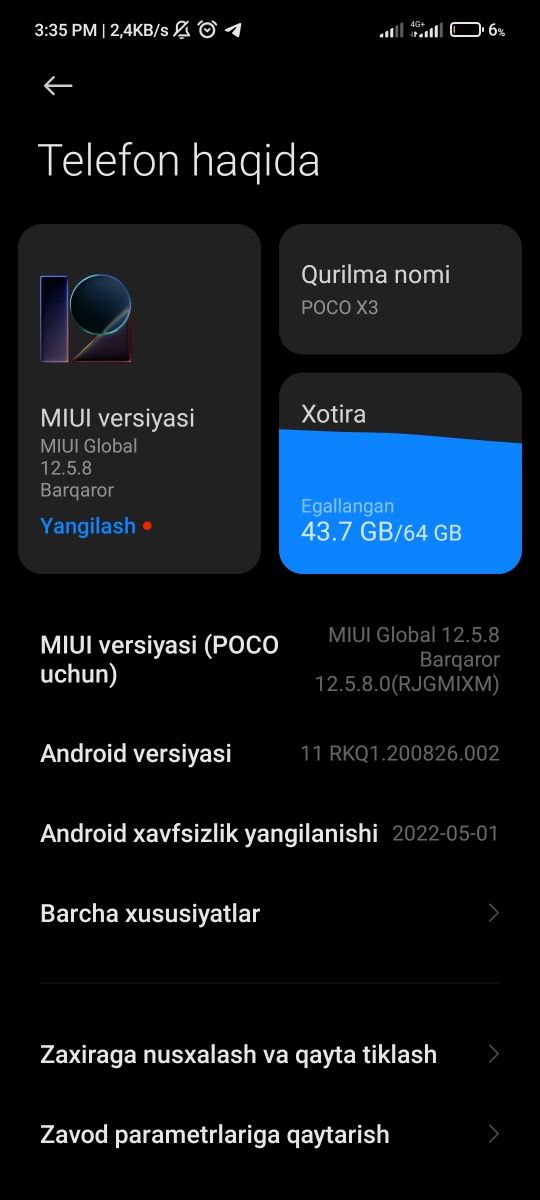 Poco x3 64/6 karobka dakumenti yo