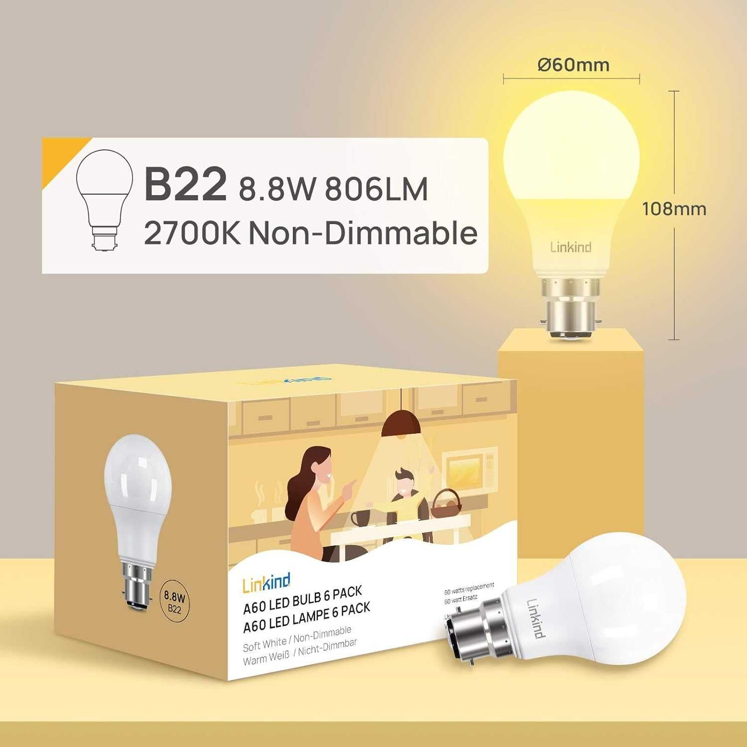 Bec LED Linkind B22 reglabil, 8,8 W echivalent 60 W 2700 K 6 bucati