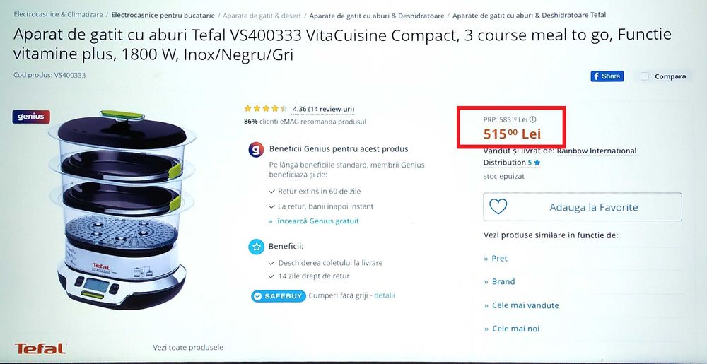 Aparat profesional de gatit cu aburi TEFAL VitaCuisine Compact