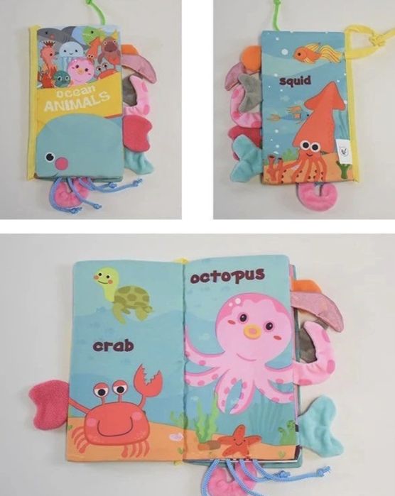 Carte senzoriala fosnitoare pentru bebelusi, cu animalute colorate