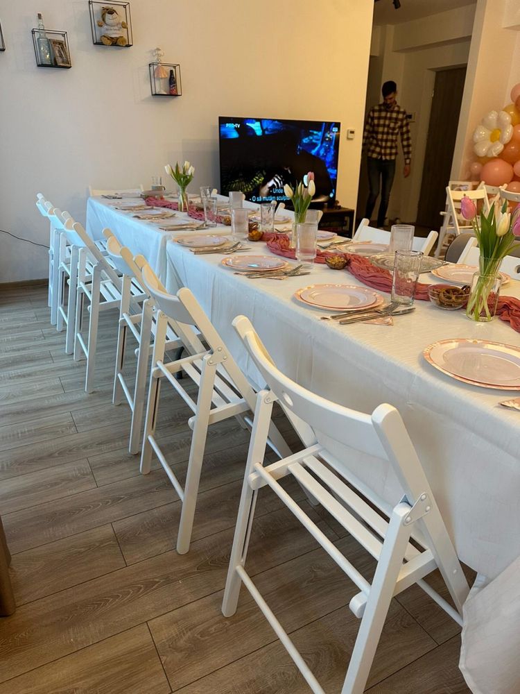 Mese / masa evenimente si mese cocktail/bar si scaune albe lemn