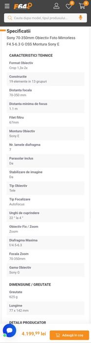 Sony 70-350mm Obiectiv Foto Mirrorless F4.5-6.3 G OSS Montura Sony E