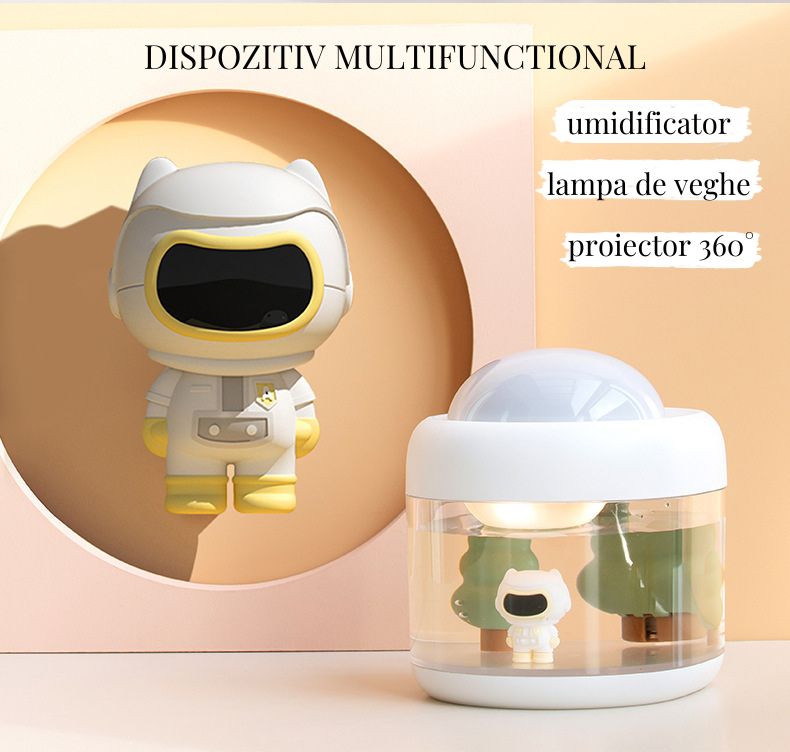 Umidificator cu lampa de veghe si proiector 360°, 500 ml